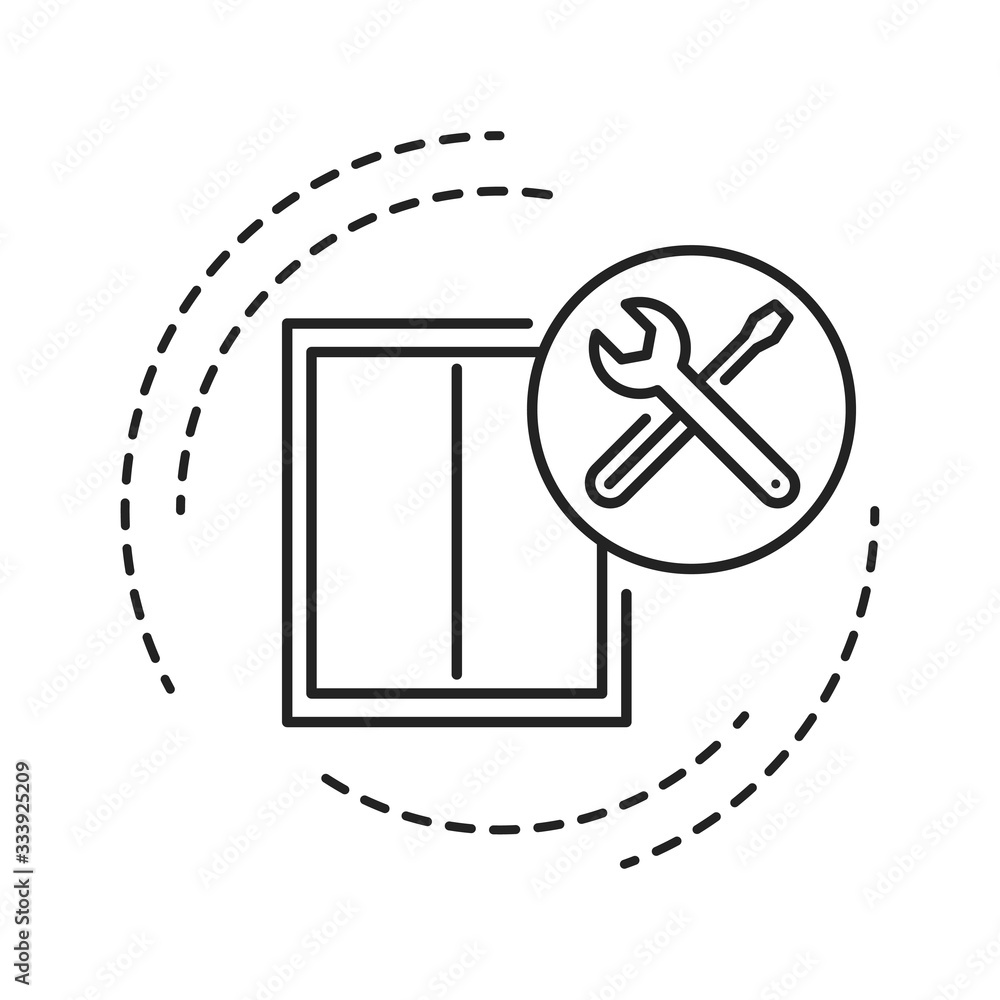 Window installation black line icon. Setting the window and window's sill into the opening. Handyman services. Pictogram for web page, mobile app, promo. UI UX GUI design element. Editable stroke. Window installation black line icon. Setting the window and window's sill into the opening. Handyman services. Pictogram for web page, mobile app, promo. UI UX GUI design element. Editable stroke.
