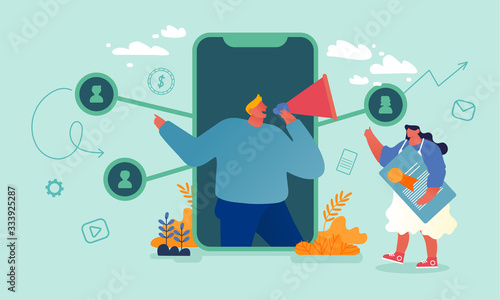 Referral Marketing, Affiliate Program, Partnership Concept. Male Character with Megaphone at Smartphone Screen Online Business, Network Strategy, Referring Friends. Cartoon People Vector Illustration