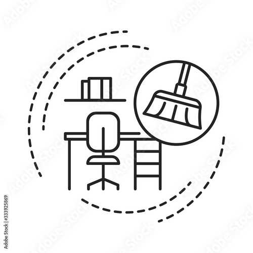 House Cleaning black line icon. Handyman service. Disposing of rubbish, cleaning dirty surfaces, dusting and vacuuming. Pictogram for web page, mobile app, promo. Editable stroke.