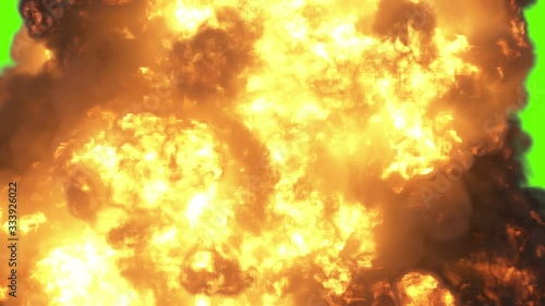 4K Animation of an Massive Explosion on Black and Green Screen or Chroma Key background. Close-up View of Fire. Alpha Matte is Included. photo