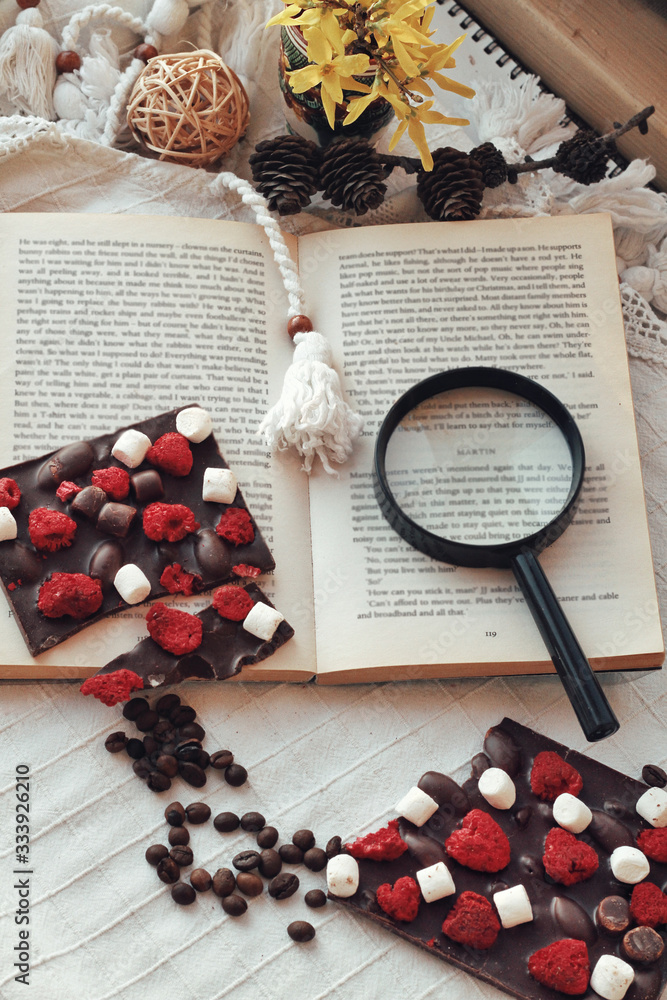Crafted handmade chocolate bar with marshmallow and berries, coffee beans and good book