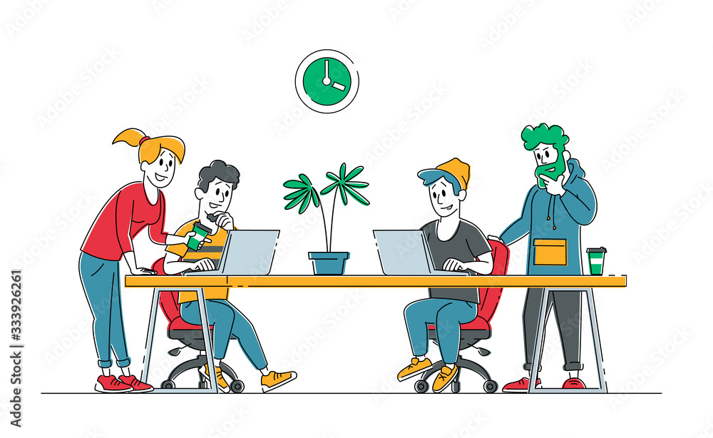 Creative People Business Team Group Sitting at Office Desk with Laptops Working in Studio. Office Employees Characters, Businesspeople Work in Coworking Company, Teamwork. Linear Vector Illustration Creative People Business Team Group Sitting at Office Desk with Laptops Working in Studio. Office Employees Characters, Businesspeople Work in Coworking Company, Teamwork. Linear Vector Illustration
