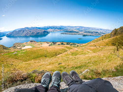 Aerial view of Lake Wanaka from the top of Roys Peak in New Zealand.