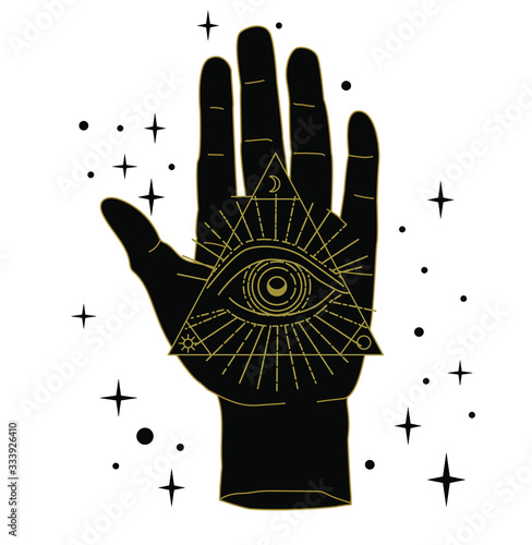 The Hand of the Philosopher, Palm with The Eye of Providence. Vector illustration for tattoo design or fashion print in simple line art style.