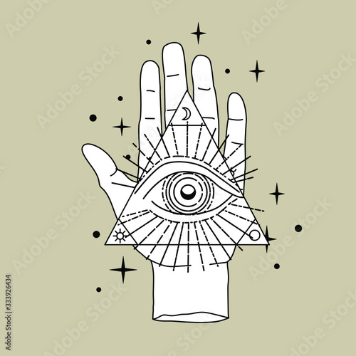 The Hand of the Philosopher, Palm with The Eye of Providence. Vector illustration for tattoo design or fashion print in simple line art style.