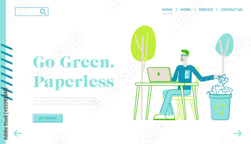 Save Paper and Stop Trees Cutting Landing Page Template. Businessman Character Sitting at Office Desk Throw Crumpled Paper Sheets to Litter Bin. Stop Forest Felling. Linear Vector Illustration