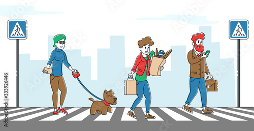 People Characters Walking at Town Street Crossing Road and Crosswalk with Traffic Lights in City Center. Blind Woman with Dog, Men with Grocery and Mobile, Busy Urban Life. Linear Vector Illustration