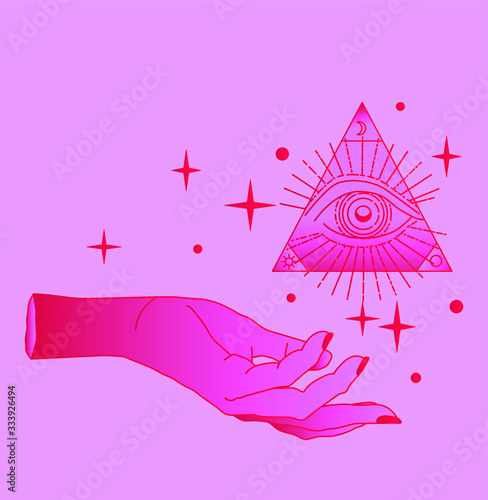 Hand drawn palm with The Eye of Providence in simple line art style. Vector illustration for tattoo design or fashion print.