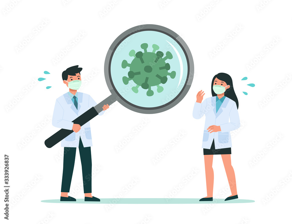Healthy Doctor looking through magnifying glass scanning covid-19 corona virus. They had discovered covid-19 corona virus. Vector illustration