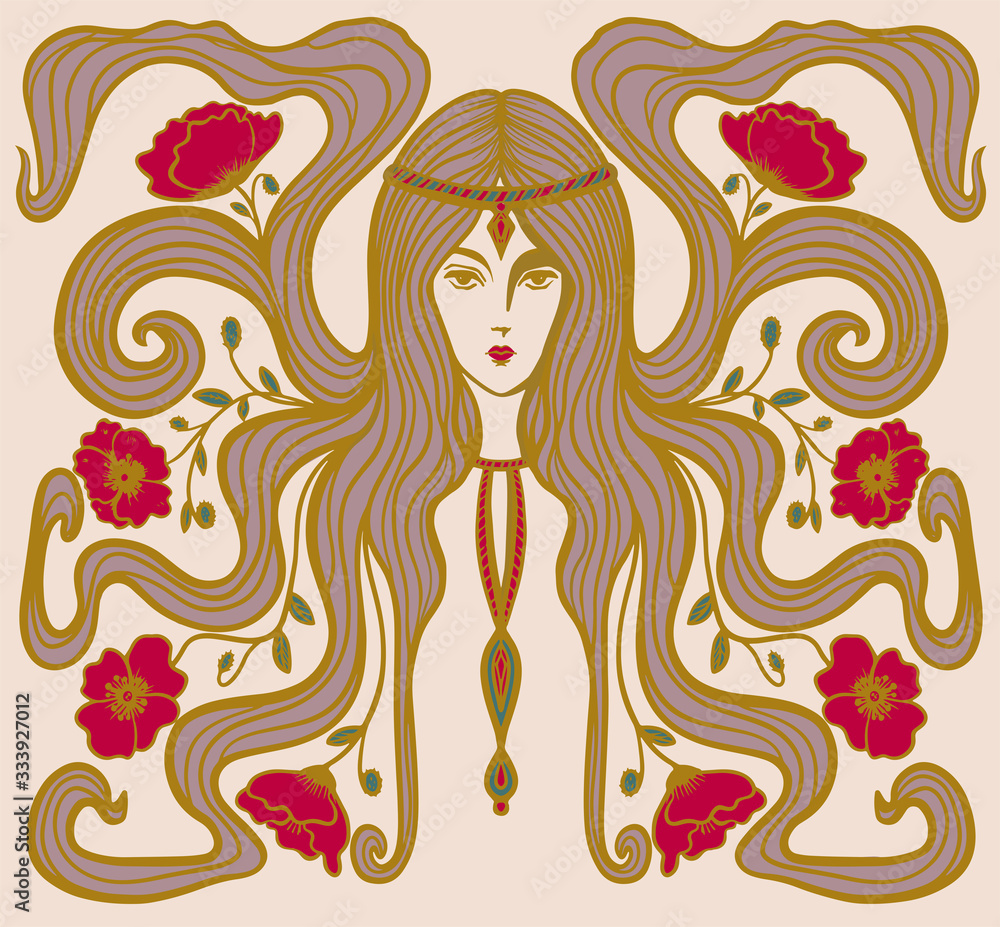 girl with poppies in her hair in art nouveau style with, hippie girl girl with poppies in her hair in art nouveau style with, hippie girl