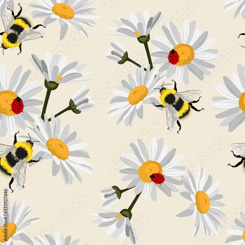 Seamless pattern of camomile (chamomile), cornflowers with ladybird, bee on beige. 