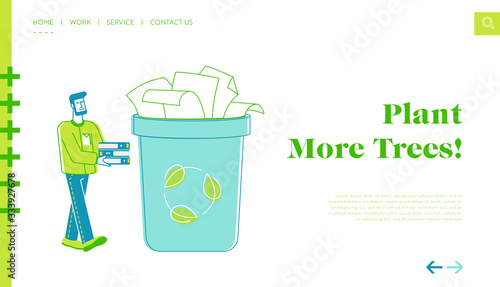 Environmental Problem, Ecology Protection, Save Paper Landing Page Template. Man Volunteer Character Carry Used Sheets Collecting Wastepaper Trash for Recycling and Reuse. Linear Vector Illustration