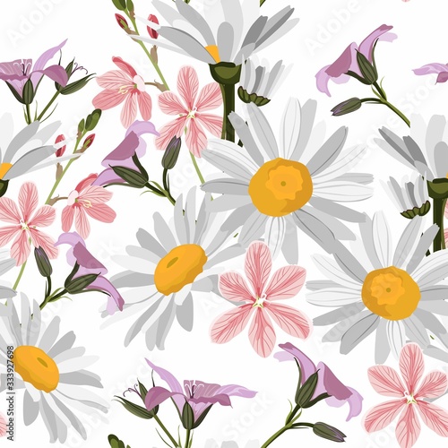 Elegant floral pattern with hand draw flower. Liberty style. Floral seamless background for fashion prints. Vintage print.  Spring bouquet. Many kind of wild flowers.