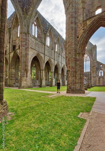 The ruins of Tintern Abbey, founded by Walter de Clare, Lord of Chepstow, on 9 May 1131. It is situated adjacent to the village of Tintern in Monmouthshire, Wales, UK.