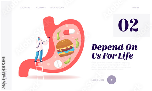 Gastroenterology Landing Page Template.Doctor Character Stand on Ladder at Huge Stomach. Medic Study Stomachache Causes of Gastritis and Helicobacter Disease. Cartoon People Vector Illustration