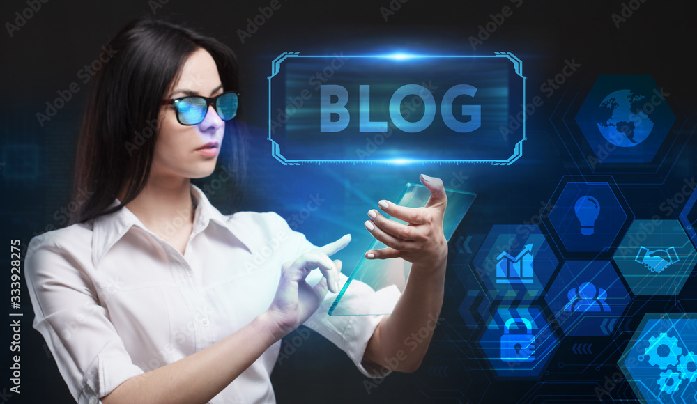 Business, Technology, Internet and network concept. Young businessman working on a virtual screen of the future and sees the inscription: Blog Business, Technology, Internet and network concept. Young businessman working on a virtual screen of the future and sees the inscription: Blog
