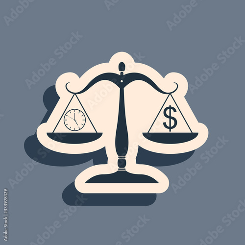 Black Scale weighing money and time icon isolated on grey background. Scales with hours and a coin. Balance between work and the given time. Long shadow style. Vector Illustration