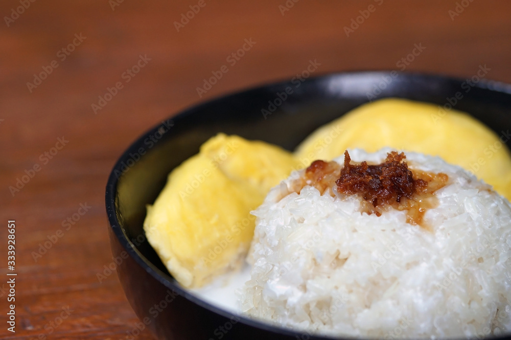 'Pulut Durian' is a glutinous or sticky rice with durian, coconut milk and sprinkle of grated palm sugar-selective focus 'Pulut Durian' is a glutinous or sticky rice with durian, coconut milk and sprinkle of grated palm sugar-selective focus