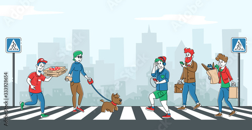 People Pedestrians Walking on City Street by Zebra. Men and Women Characters Walking and Traveling on Urban Background with Traffic Lights and Crosswalk Moving by Road. Linear Vector Illustration