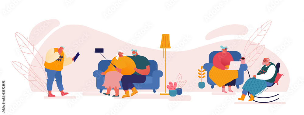 Naklejka premium Set of Senior People Using Smart Devices. Aged Male and Female Old Characters Use Gadgets, Making Selfie on Smartphone, Chatting on Laptop Sitting at Home, Self Isolation. Cartoon Vector Illustration