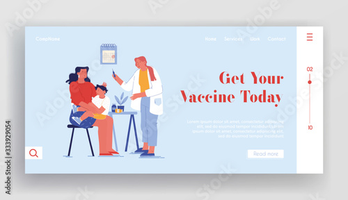 Child Immunization Landing Page Template. Doctor Character Put Injection to Baby Sitting on Mother Arms. Illness Treatment, Health Care, Hospital Illness Prevention. Cartoon People Vector Illustration