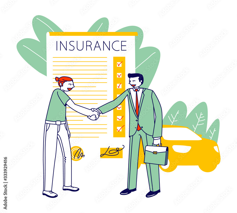 Accident Insurance Concept. Agent Character Shaking Hand to Client front of Huge Policy Paper Document. Health Protection, Secure and Financial Guarantee Contract. Linear People Vector Illustration
