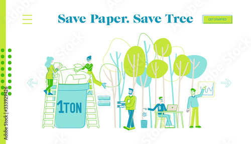 Paper Saving, Stop Deforestation and Trees Cutting Landing Page Template. Tiny Characters Throw Paper Waste to Recycle Litter Bin for Reusing, Eco Conservation. Linear People Vector Illustration