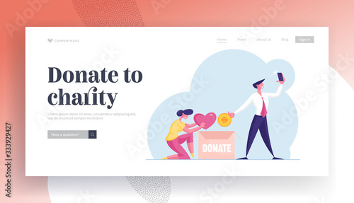 Donation and Altruism Landing Page Template. Selfless Woman Put Heart into Donate Box, Insincere Businessman Character Put Gold Coin and Making Selfie for Internet. Cartoon People Vector Illustration
