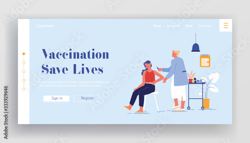 Vaccination Landing Page Template. Doctor Character Injecting Shot Vaccine to Patient Arm. Woman Sitting in Medical Cabinet Apply Drug. Virus and Disease Prevention. Cartoon People Vector Illustration
