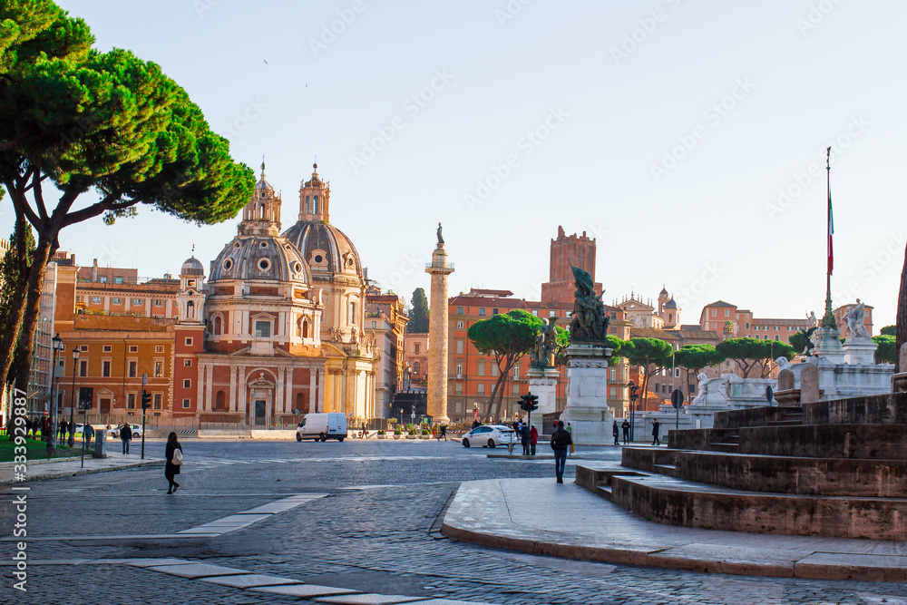 Rome. 10.11.2019, Venice square in Rome, Piazza Venezia. Sunny day. Church of Santa Maria di Loreto