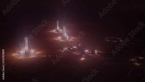 Photographie mars colony. flytrough to the base. 3d illustration