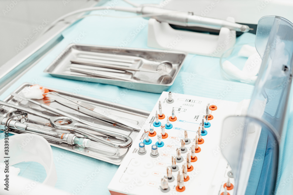 Dentist tools. Dentist workplace equipment set. Health and medicine. Close-up