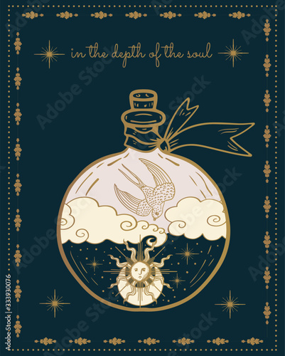 bird, sun and moon, magical vector illustration, tarot cards, soul symbol, alchemy. magic potion