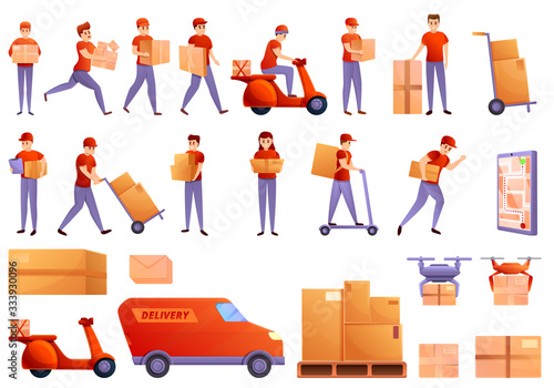 Courier icons set. Cartoon set of courier vector icons for web design