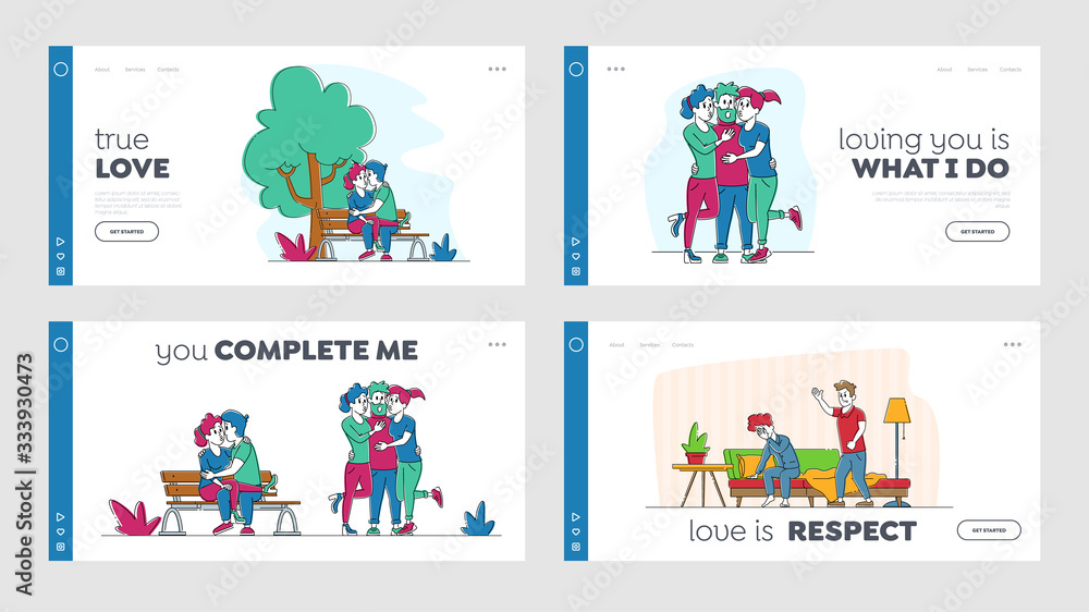 Kissing People, Love and Home Scandal Landing Page Template Set. Male and Female Characters Kiss, Hug and Spend Time Together. Wife and Husband Quarrel and Spouse Violence. Linear Vector Illustration Kissing People, Love and Home Scandal Landing Page Template Set. Male and Female Characters Kiss, Hug and Spend Time Together. Wife and Husband Quarrel and Spouse Violence. Linear Vector Illustration