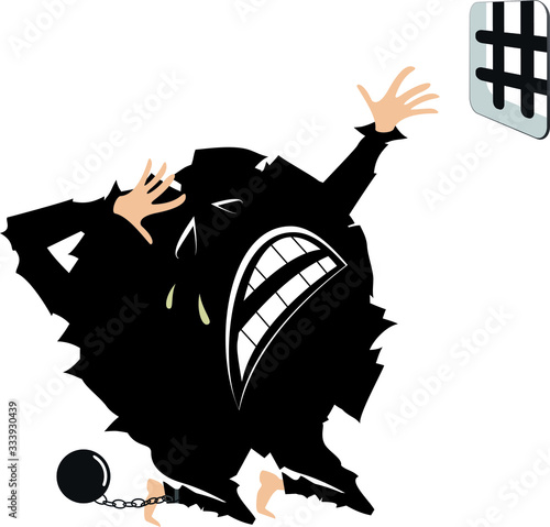 Cartoon crying virus in a jail prays in the kneel illustration.  Crying chained virus behind bars praying for forgiveness isolated on white illustration