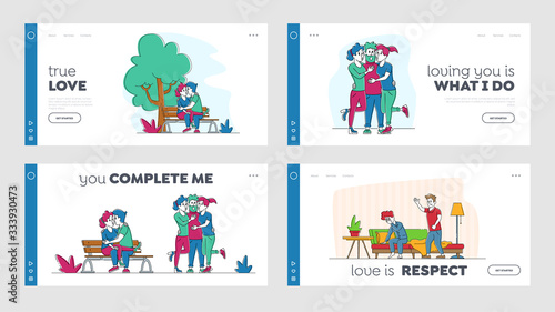 Kissing People, Love and Home Scandal Landing Page Template Set. Male and Female Characters Kiss, Hug and Spend Time Together. Wife and Husband Quarrel and Spouse Violence. Linear Vector Illustration
