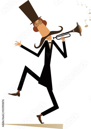 Cartoon long mustache trumpeter is playing music illustration isolated. Mustache man in the top hat playing trumpet silhouette isolated on white