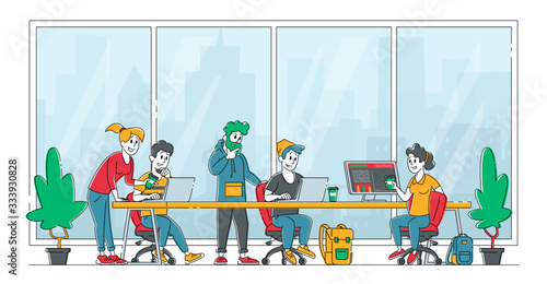 Business People Characters Sitting at Desk Discussing Idea in Office. Team Project Development, Teamwork Process. Creative Employees Working on Laptops and Communicate. Linear Vector Illustration