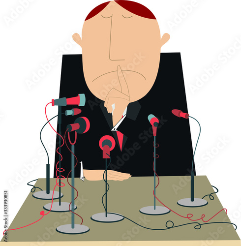 Table, microphones and man shows a finger to keep quiet illustration. A lot of microphones and man sits at the table and put a finger on the lips and talks nothing isolated on white