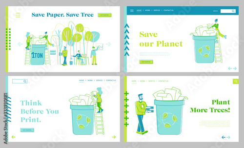 Paper Saving, Stop Trees Cutting and Deforestation Landing Page Template Set. Eco Conservation, Tiny Characters Throw Paper Waste to Recycle Litter Bin for Reusing. Linear People Vector Illustration