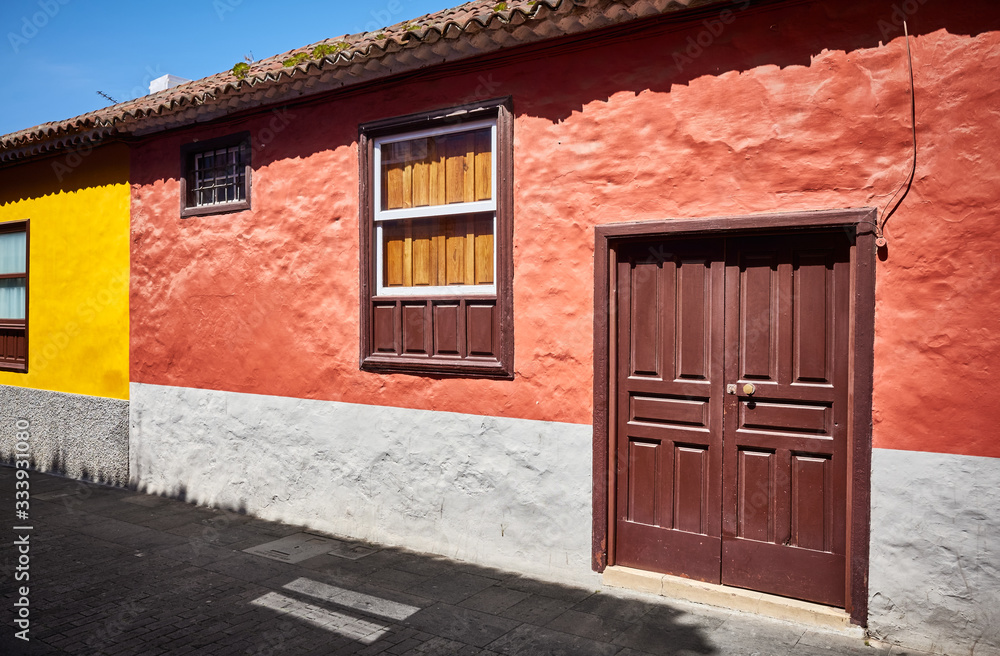 Colorful houses by a street in San Cristobal de La Laguna old town, Tenerife.