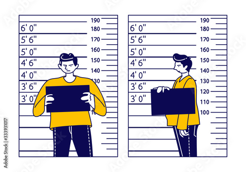 Criminal Male Character Stand on Measuring Scale Background with Mug Shot Plate in Hands in Police Station. Arrested Man Gangster Posing for Identification Mugshot Photo. Linear Vector Illustration