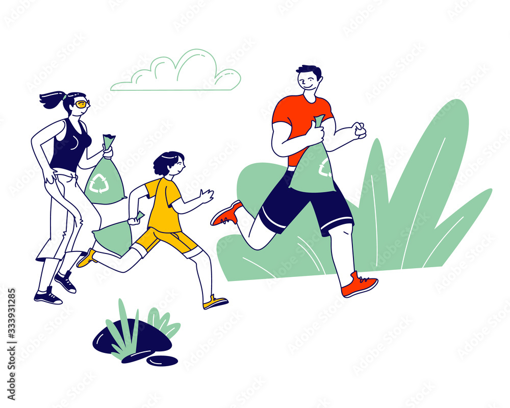 Characters Plogging. Young Man, Woman and Kid Pick Up Litter During Plogging in Nature. Family Collect Garbage while Running. Environment Friendly Ecological Concept. Linear People Vector Illustration Characters Plogging. Young Man, Woman and Kid Pick Up Litter During Plogging in Nature. Family Collect Garbage while Running. Environment Friendly Ecological Concept. Linear People Vector Illustration