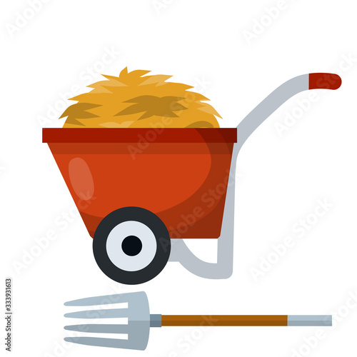Haystack, red wheelbarrow, pitchfork. Tool for harvesting. Rural landscape. Sheaf of wheat. Cartoon flat illustration. Organic food