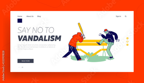 Vandalism, Violence and Teen Aggression Landing Page Template. Aggressive Male Characters with Hidden Faces and Baseball Bat Breaking Wooden Bench on Street. Linear People Vector Illustration