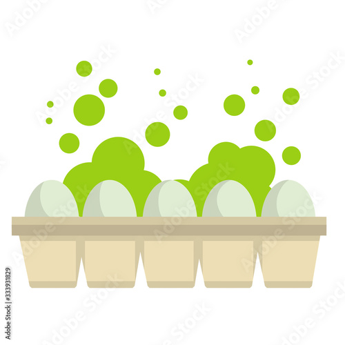 Packaging with rotten eggs. Green bubble steam and cloud over old food. Waves of unpleasant smell. Garbage, leftovers and trash. Cartoon flat illustration