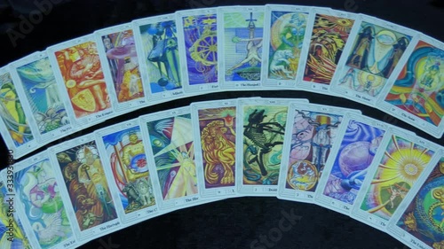 Thoth Tarot cards, divination cards, all major arcana. moving left to right 4k video
