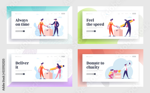Online Shopping, Parcel Delivery Service, Donation Landing Page Template Set. Deliveryman Shipping Goods to Consumers. Businesspeople Characters Signing Bills. Cartoon People Vector Illustration