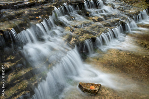 Autumn landscape of a cascade at Autrain Falls captured with motion blur and framed by fallen maple leaves  Hiawatha National Forest  Michigan s Upper Peninsula  USA